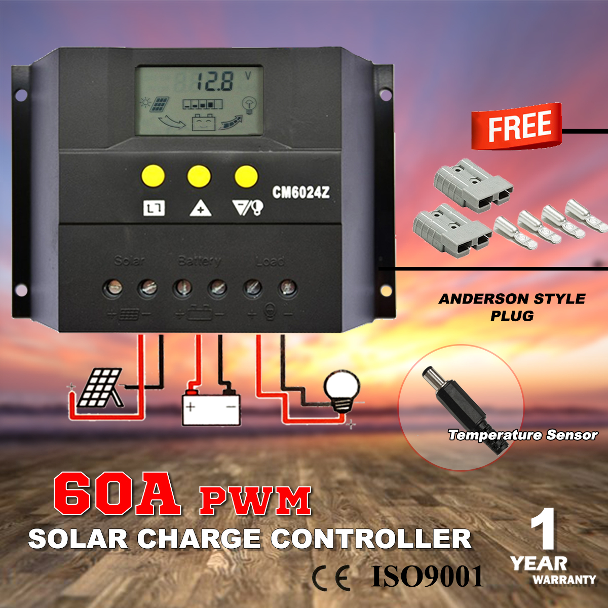 60A Solar Charge Controller 12V 24V Max 55V 1800W Solar Panel Power Input Smart PWM Charging Regulator Normal Open Mode with LCD Display Light Control TVS Lightning Protection 