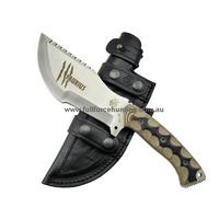 J&V Adventure Knives Satin Saurius Traker Black & Tan Micarta Leather Sheath