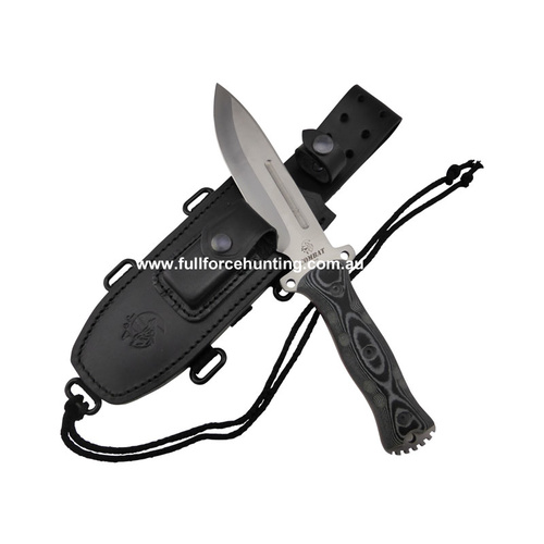 J & V Adventure Knives - Combat | Satin Black & Grey Micarta Knife with Leather Sheath