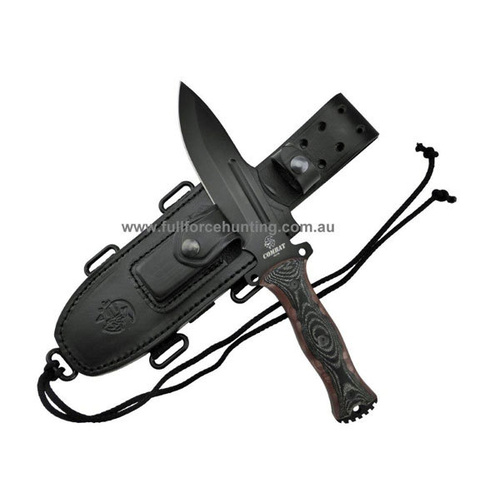 J & V Adventure Knives - Combat | Black with Black Brown Micarta| Full Leather Sheath MOLLE Compatible