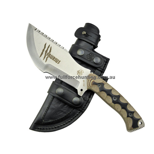 J&V Adventure Knives Satin Saurius Traker Black & Tan Micarta Leather Sheath
