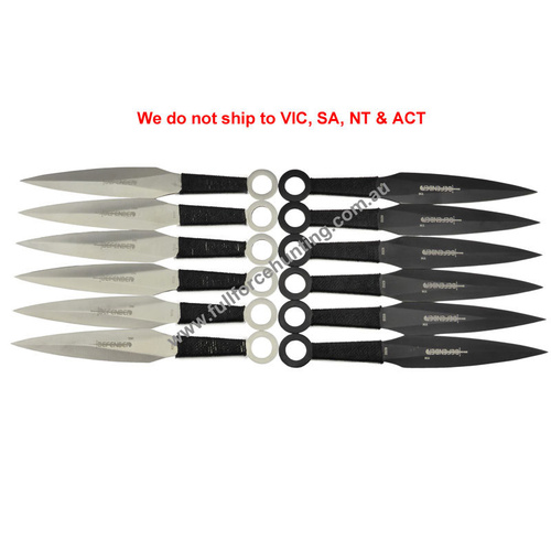 Defender #6232 Black & Silver 6" Kunai Throwing Knives 12 Pce Set & Sheath