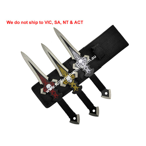 Defender #6666 Skull 3 Pce Throwing Knife Set with Sheath