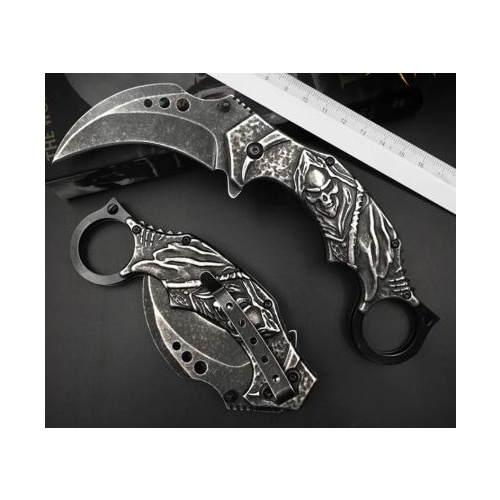 Stonewash Folding Karambit with Skull Design and Pocket Clip