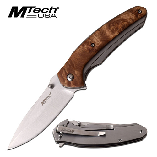 MTech MT-968SBW Satin Burl Wood 4.75" Framelock Stainless Folding Knife