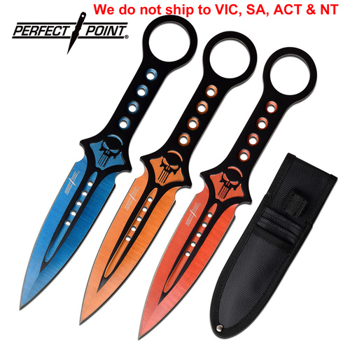 Perfect Point PP-123-3 Blue, Orange & Red Skull 7.5" Throwing Knife Set